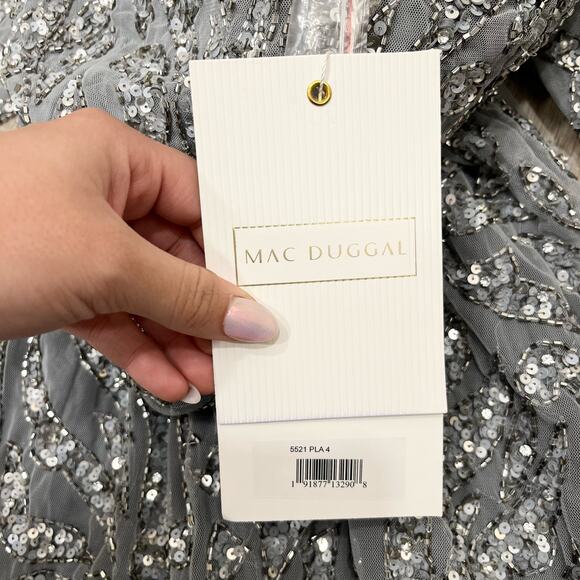 MAC DUGGAL 5521 Embellished Illusion Long Sleeve Sheath Dress Platinum 4 NEW - Picture 7 of 11